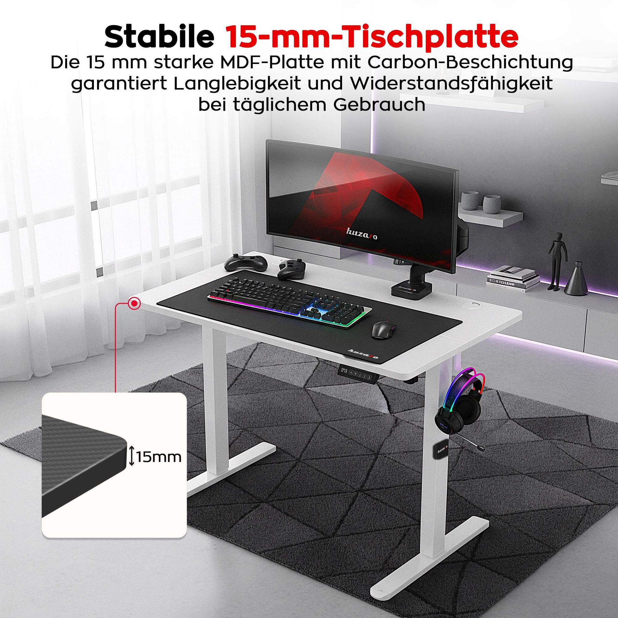 Huzaro Hero 7.9 | Höhenverstellbarer Schreibtisch Stehschreibtisch | 100x60cm | Stufenlos Verstellbar Metallkonstruktion Kabeldurchführung | Weiß