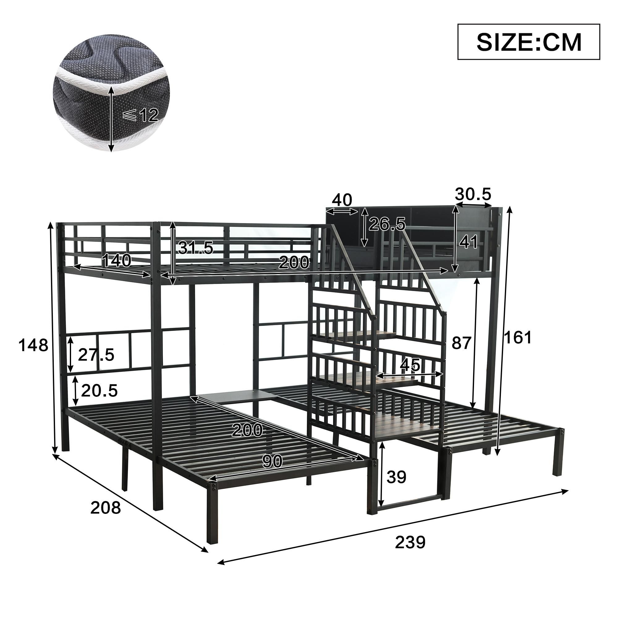 Flieks Etagenbett 90x200cm / 140x200cm für 3 Kinder, Hochbett Metallbett mit Stauraum, Kinderbett Jugendbett mit Rausfallschutz, Schwarz