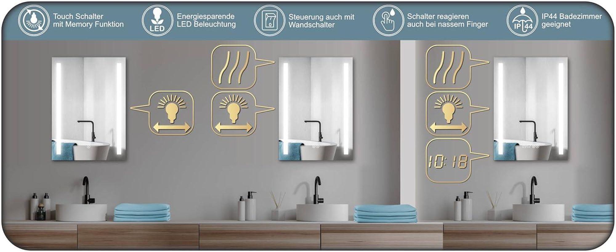 HOKO Badspiegel Wandspiegel 50x70+LED Wechsel Warmweiß-Kaltweiß-Neutral. mit Touch Schalter/Wandschalter einschaltbar. Speicherfunktion.IP44.Lindau