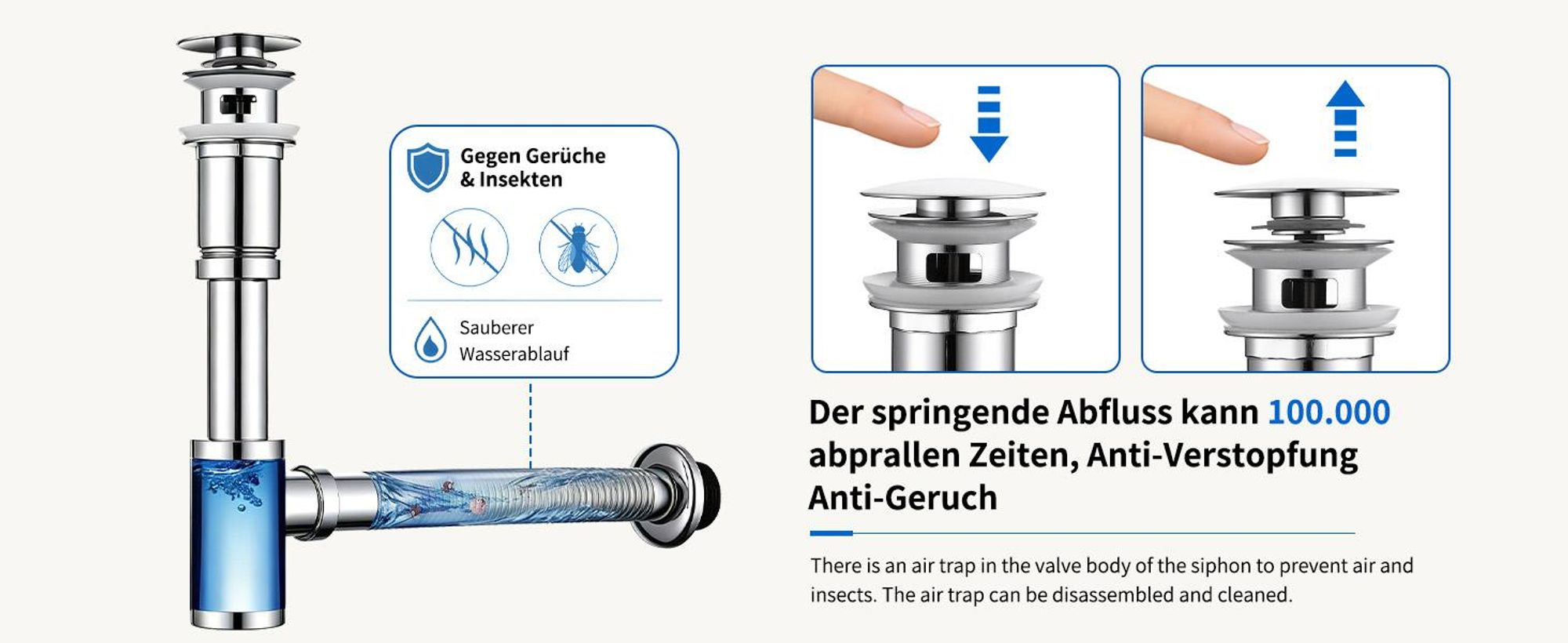 Siphon Pop Up Ablaufgarnitur mit Überlauf Universal Röhrensiphon Set für Waschbecken Waschtisch Bad Geruchsverschluss Stöpsel Abfluss Garnitur Chrom