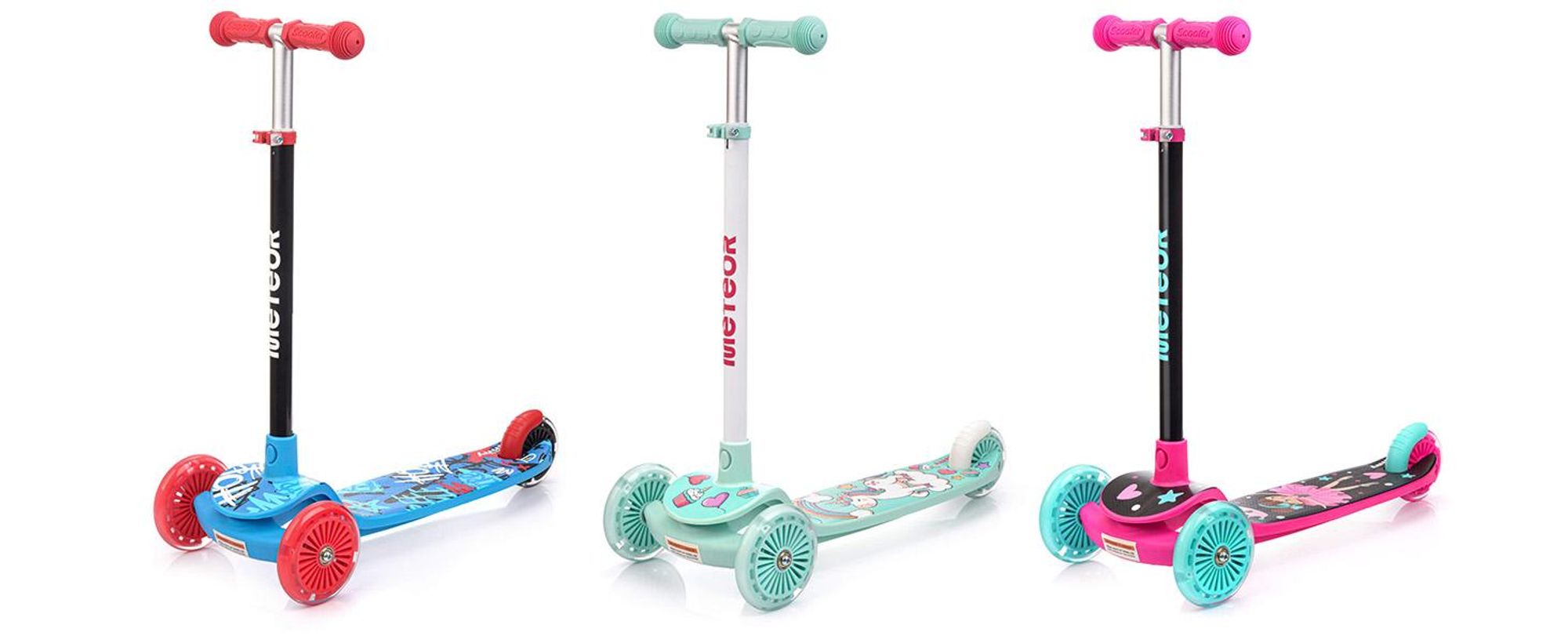 Dreirad-Kinderroller Meteor Funny – Bunte Leucht-LED-Räder, verstellbare Höhe, bis 50 kg, Rosa