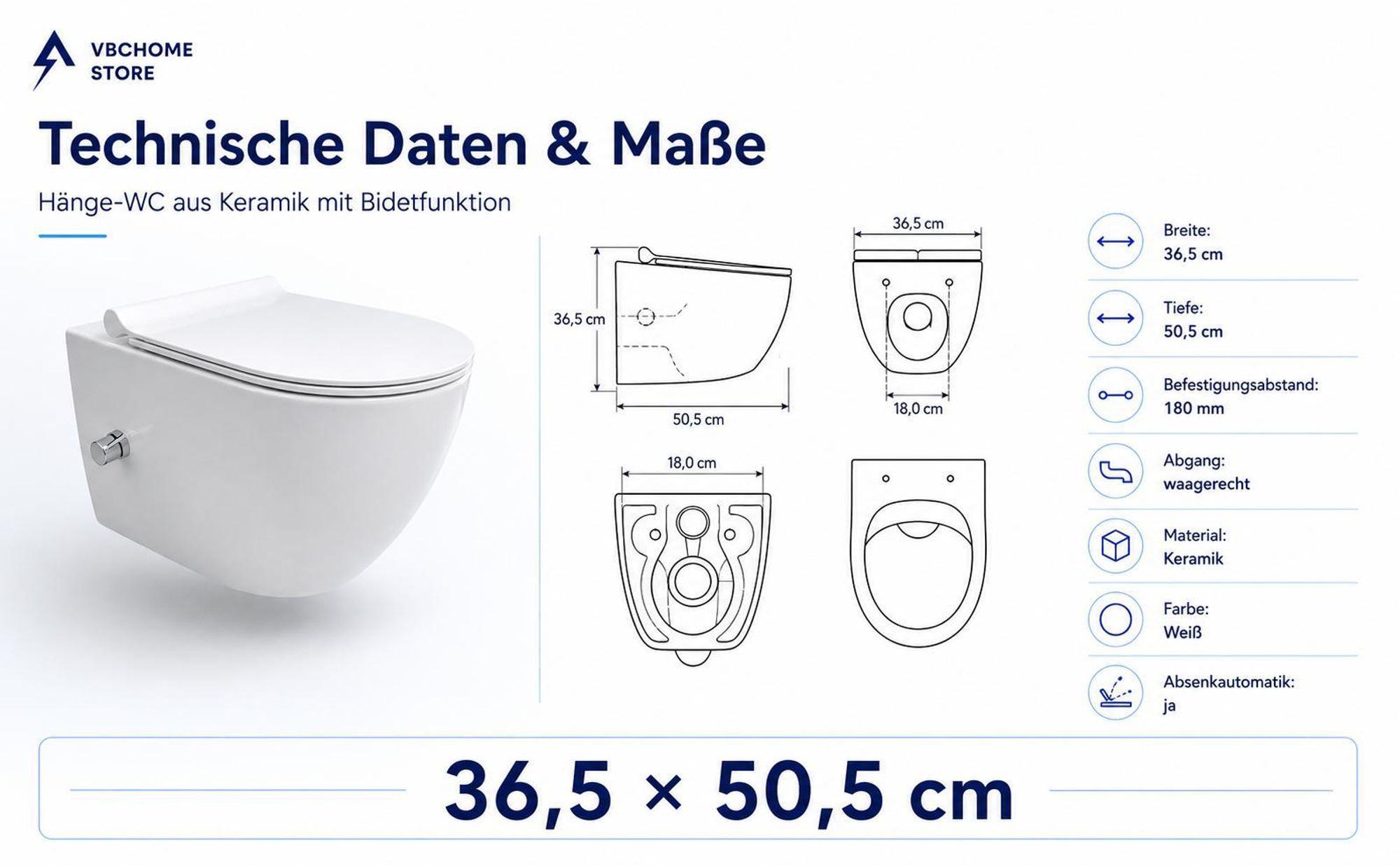 VBChome Hänge-WC mit Bidetfunktion Spülrandloses Weiß Keramiktoilette mit Wirbelspülung WC-Sitz Absenkautomatik Rimless SoftClose-Funktion 36×50×37 cm
