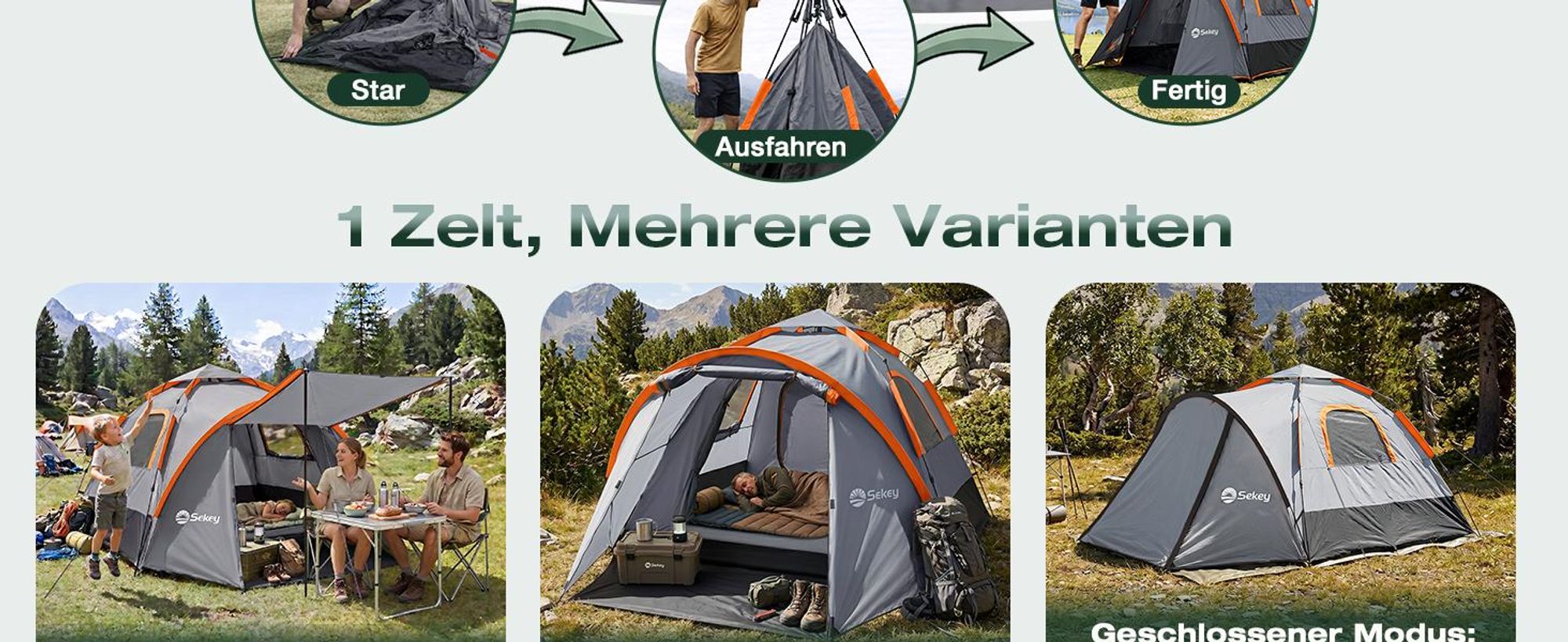 Sekey Kuppelzelt 4 Personen mit Vorzelt & Markise, Pop Up Campingzelt, Wasserdicht PU3000 mm, UPF 50+, Familienzelt