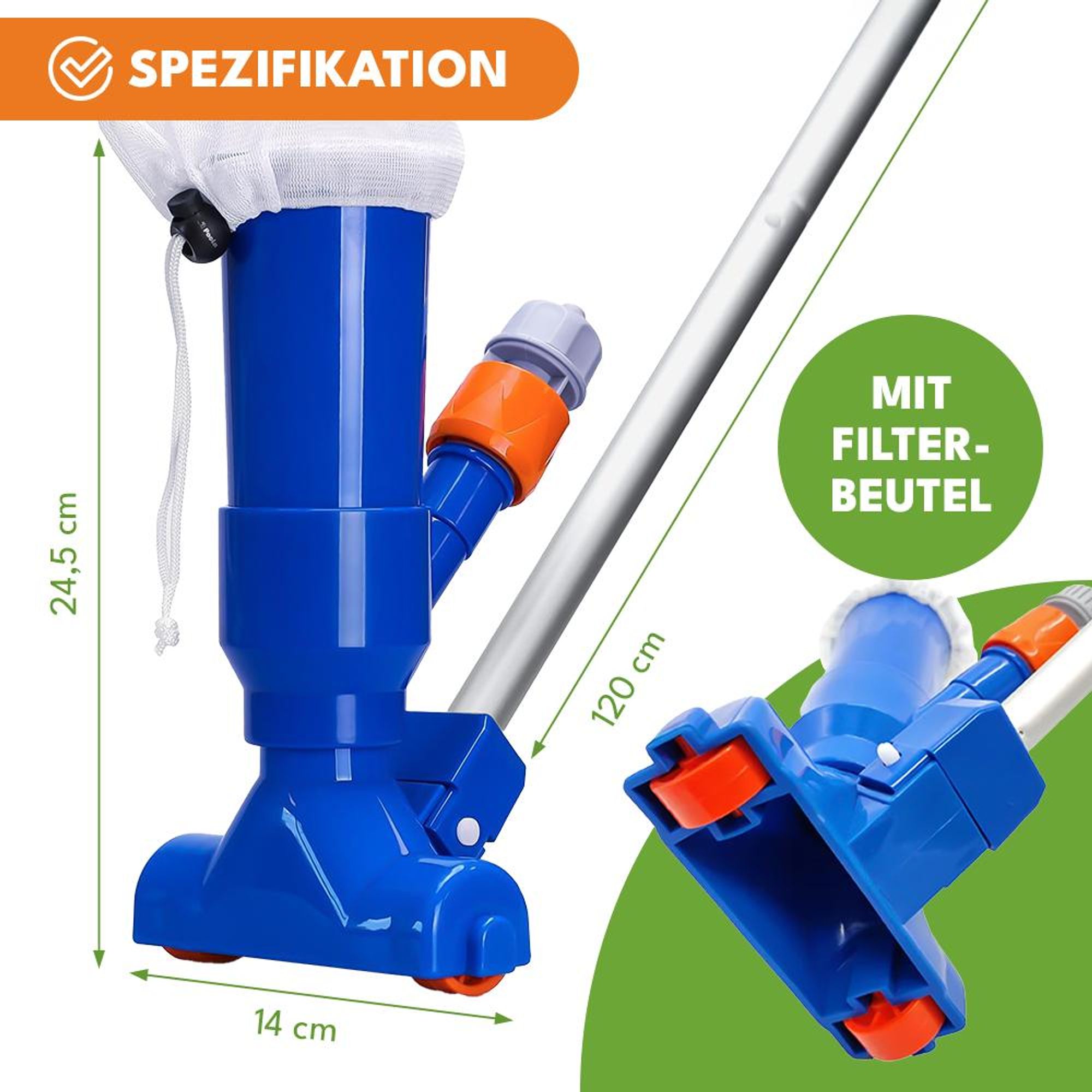 KRUMAD Poolsauger mit Filterbeutel und Teleskopstange – Ohne Strom – Poolreiniger für Pool, Teich und Whirlpool – Manuelles Poolzubehör