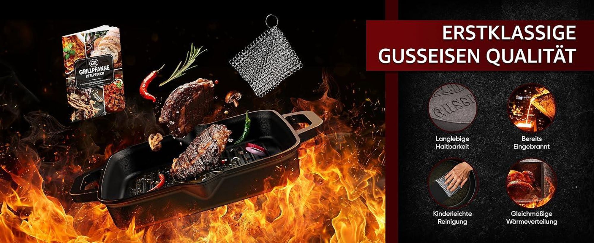Dutch Oven Set mit Zubehör & Flammen – langlebig, eingebrannt & leicht zu reinigen.