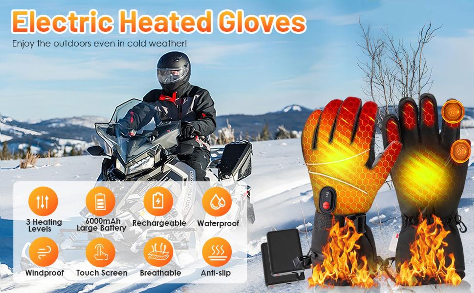 Beheizbare Handschuhe, Beheizte Handschuhe für Männer und Frauen, mit 5V 6000mAh Wiederaufladbarer Akku, 3 Heiztemperatur