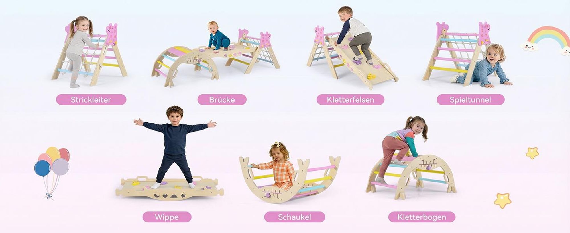 COSTWAY Dreieck-Kletterset, faltbares Dschungelturngerät mit Bogen, Rampe, Kletterer, Blöcken&Labyrinthspiel, Holz-Spielzeug, Montessori-Spielzeug