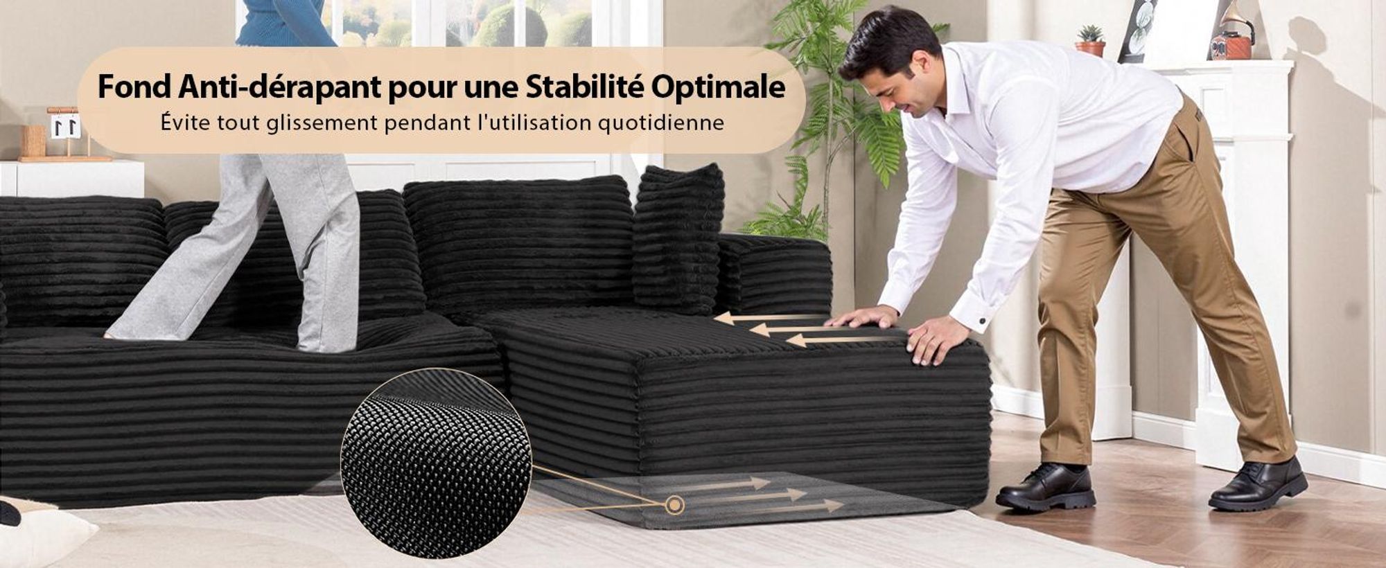 COMHOMA Sofa Big-Sofa, Canapé en L, Canapé d'angle, Chaiselongue Canapé-lit avec assise profonde et larges accoudoirs, tissu velours côtelé, noir-L