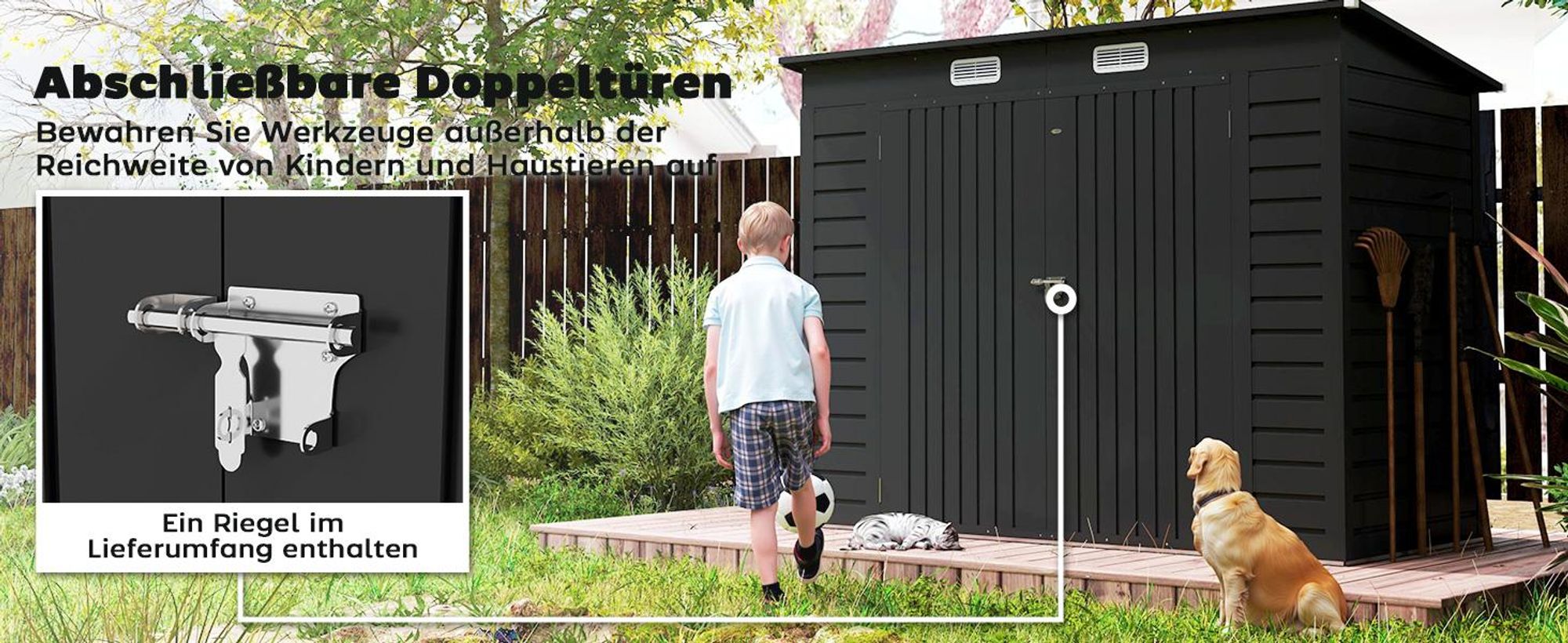 Outsunny Gerätehaus aus Stahl, 2,7 m² Geräteschuppen mit Doppeltür, Schloss Grau
