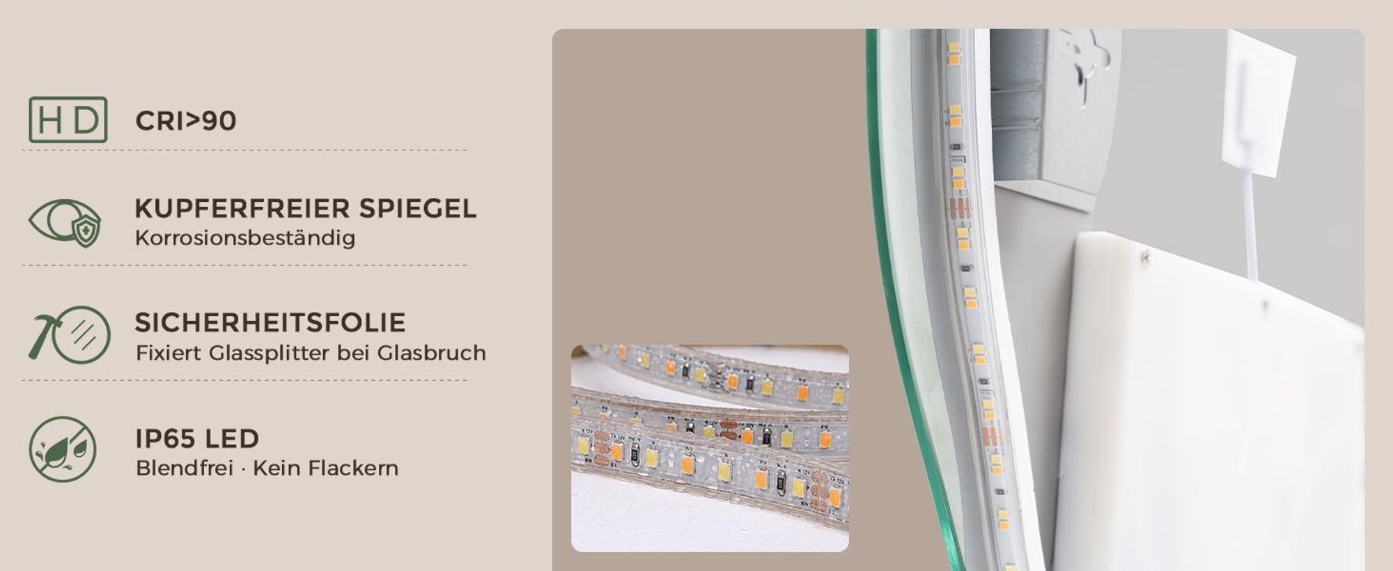 S'AFIELINA Badspiegel mit Beleuchtung 48 × 72 cm, rahmenlos, asymmetrisch,3 Lichtfarben, dimmbar, Antibeschlag und Memory-Funktion