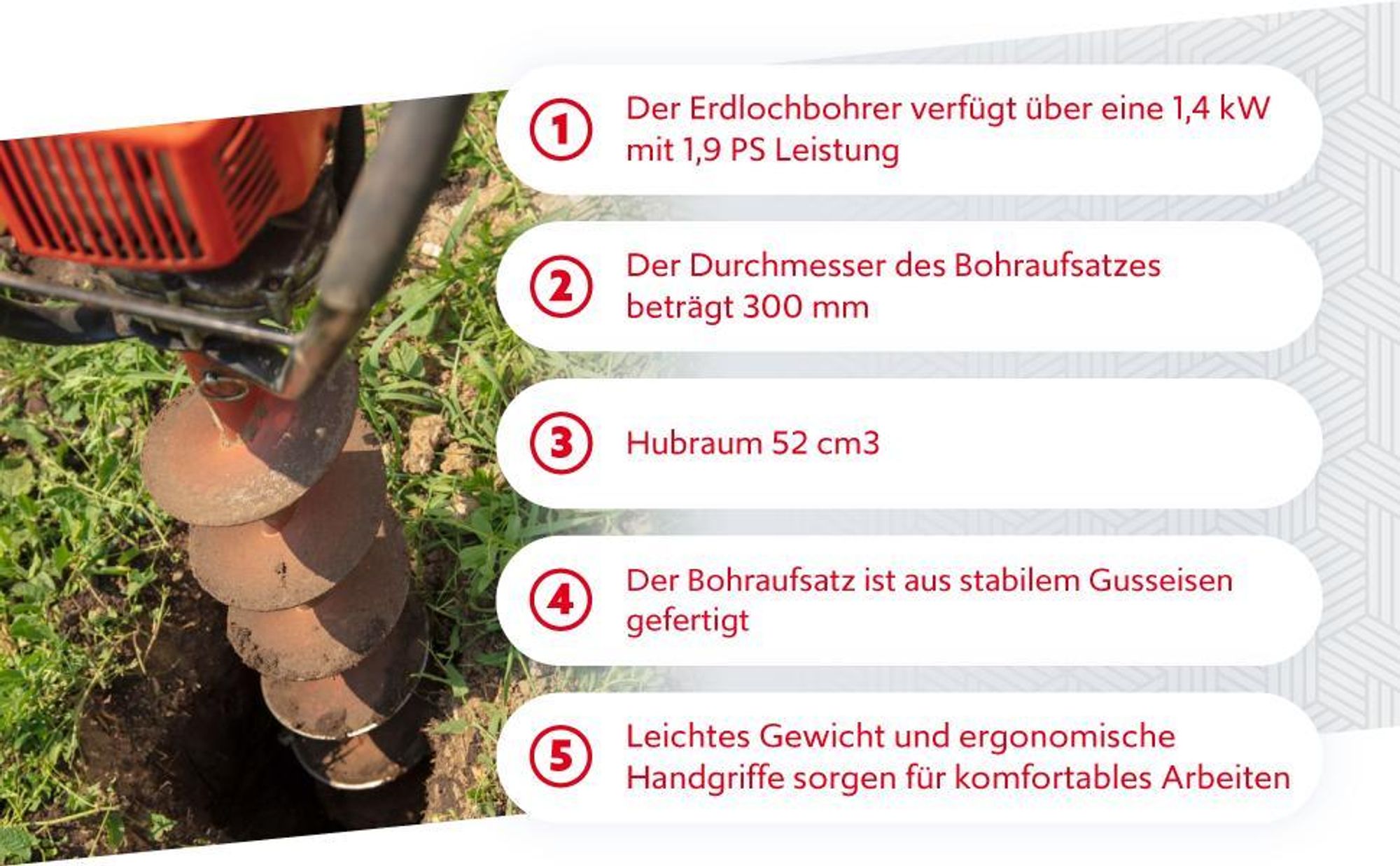Wiltec Benzin Erdlochbohrer Set mit 300 mm Bohrer, 1,4 kW 1,9 PS 52ccm Pfahlbohrer Pflanzenbohrer