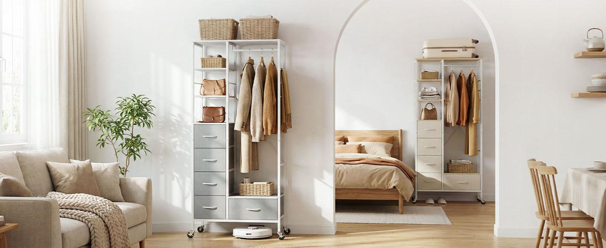 HOKEEPER Kleiderständer auf Rollen, fahrbarer Kleiderständer mit Schubladen, Kleiderstange, Jackenständer, Haken, offener Kleiderschrank, Beige