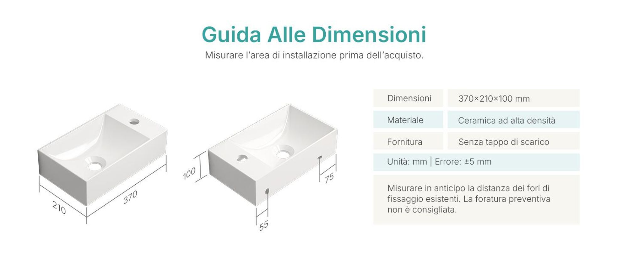 EMKE Lavabo sospeso in ceramica Rettangolare 380x220mm Bianco Lucido Lavabo salvaspazio per WC ospiti e piccoli bagni