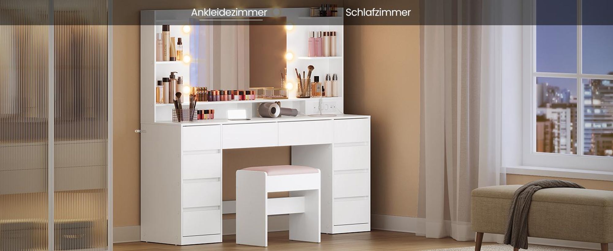 VASAGLE Schminktisch mit Spiegel und Beleuchtung, 10 Schubladen und Ladestation, 137 x 40 x 144,3 cm, Weiß