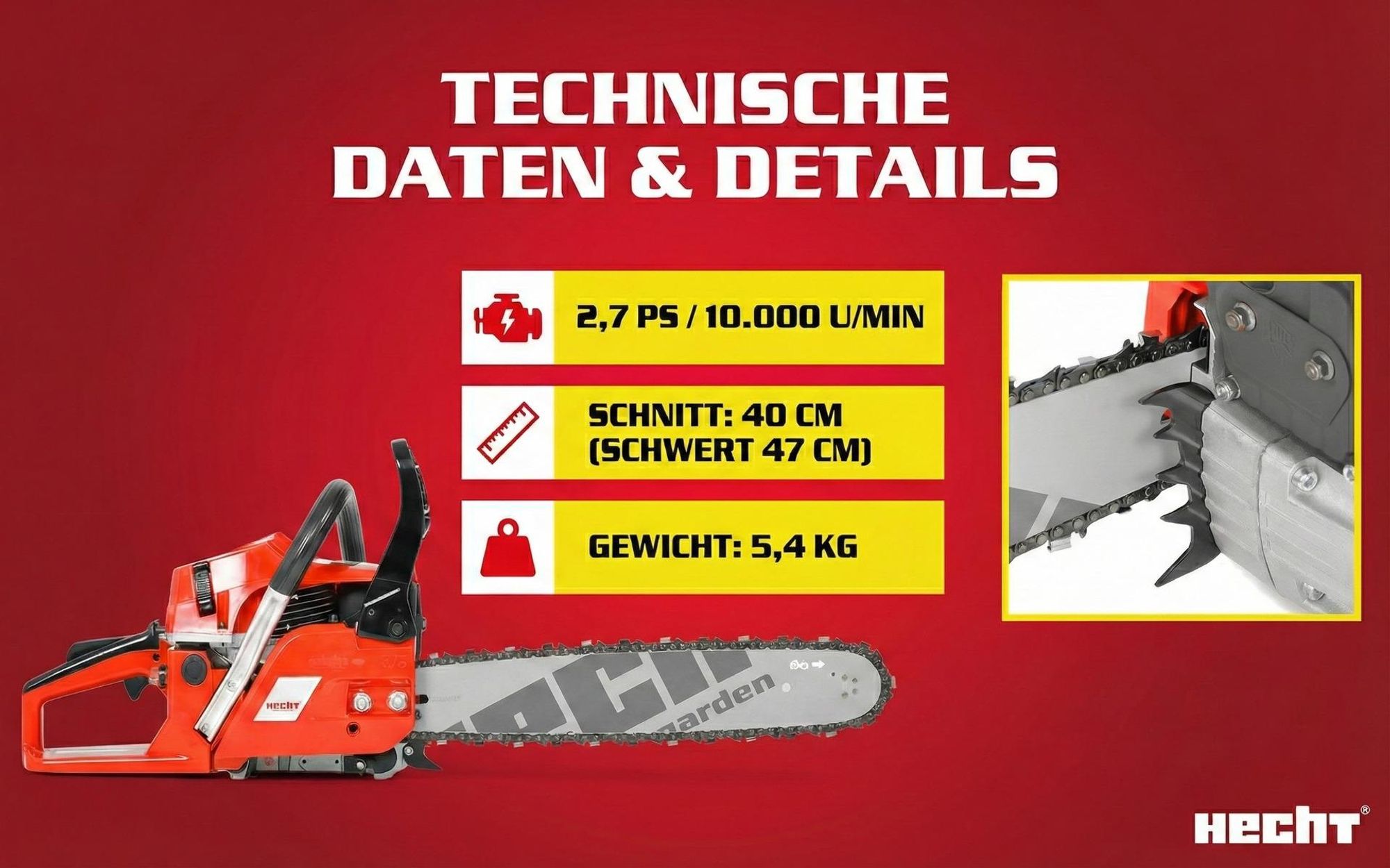 Kettensäge Motorsäge Benzin HECHT 45  | 40 cm Schnittlänge | 2,1 kW / 2,7 PS | Easy-Start | 47 cm Schwert