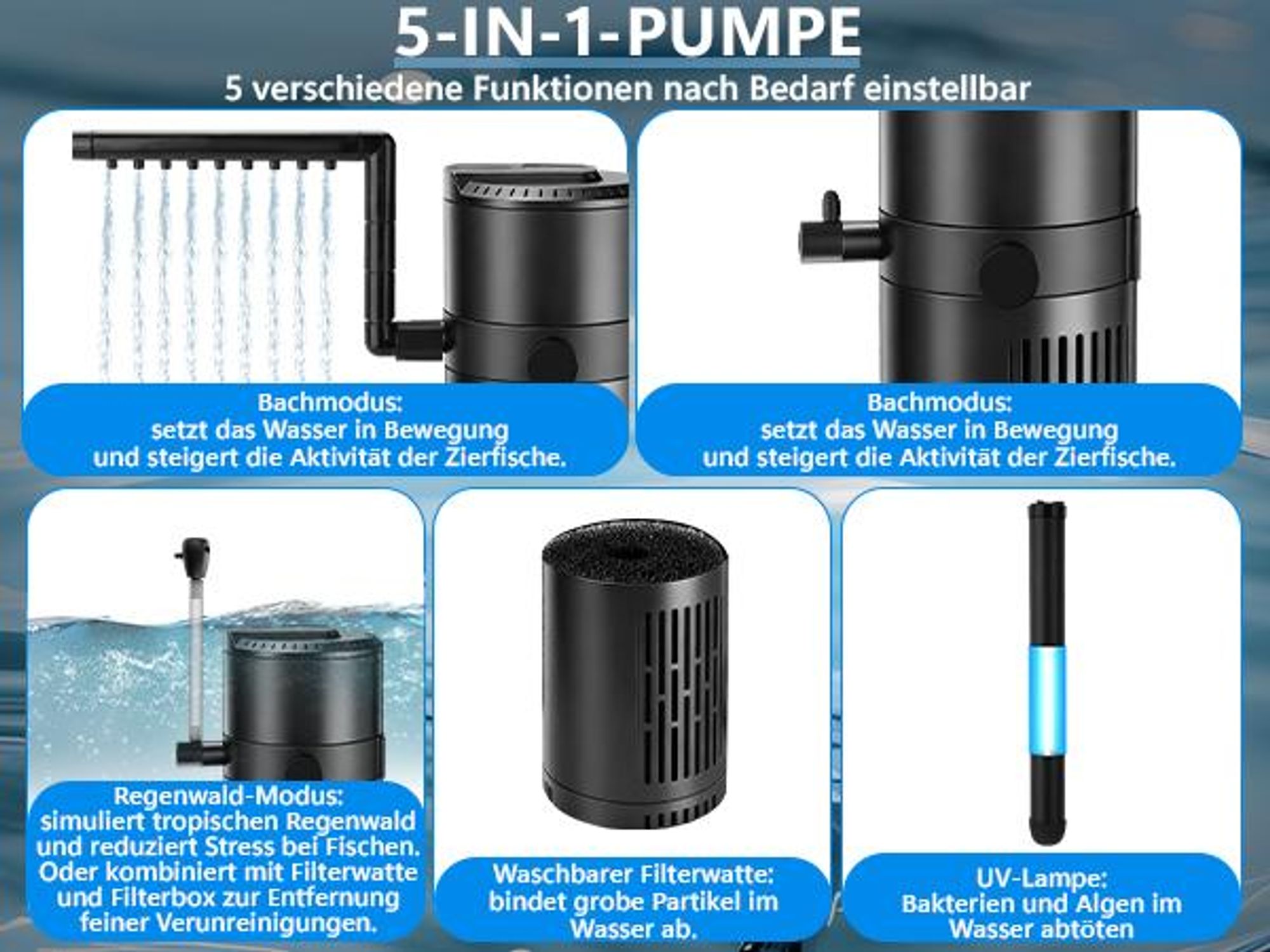 4-in-1 Filterpumpe, Aquarium Innenfilter mit 8W UVC Klärer & Timer für 150-300L, 800L/h, Filterung, Belüftung, Strömung, Regenwald-Modus, Tauchpumpe