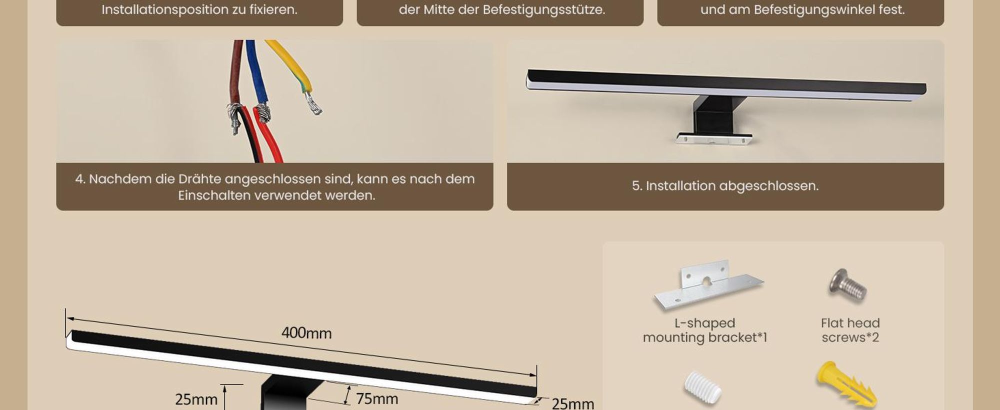 EMKE Spiegelleuchte LED Spiegelleuchte 40cm Spiegellampen für Badezimmer IP44 Schrankleuchte Schwarz Neutral Licht 4200K