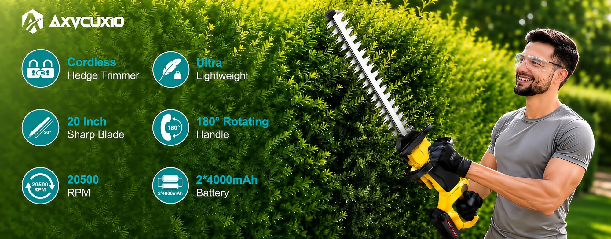 Akku Heckenschere, 21" Klingen Heckenschere mit 2 × 4000mAh Akkus, 3000RPM, bürstenloser motor,180° drehbarer Kopf,Doppelter Sicherheitsschalter,Gelb