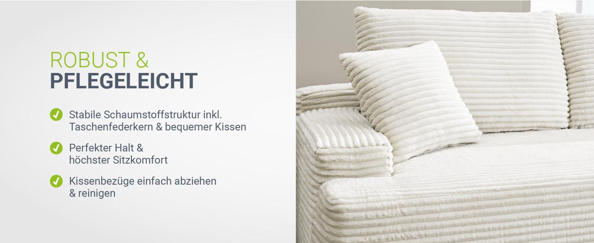 Juskys Sofa Coredo - Creme, moderne Couch aus Cord mit Kissen, Ottomane rechts