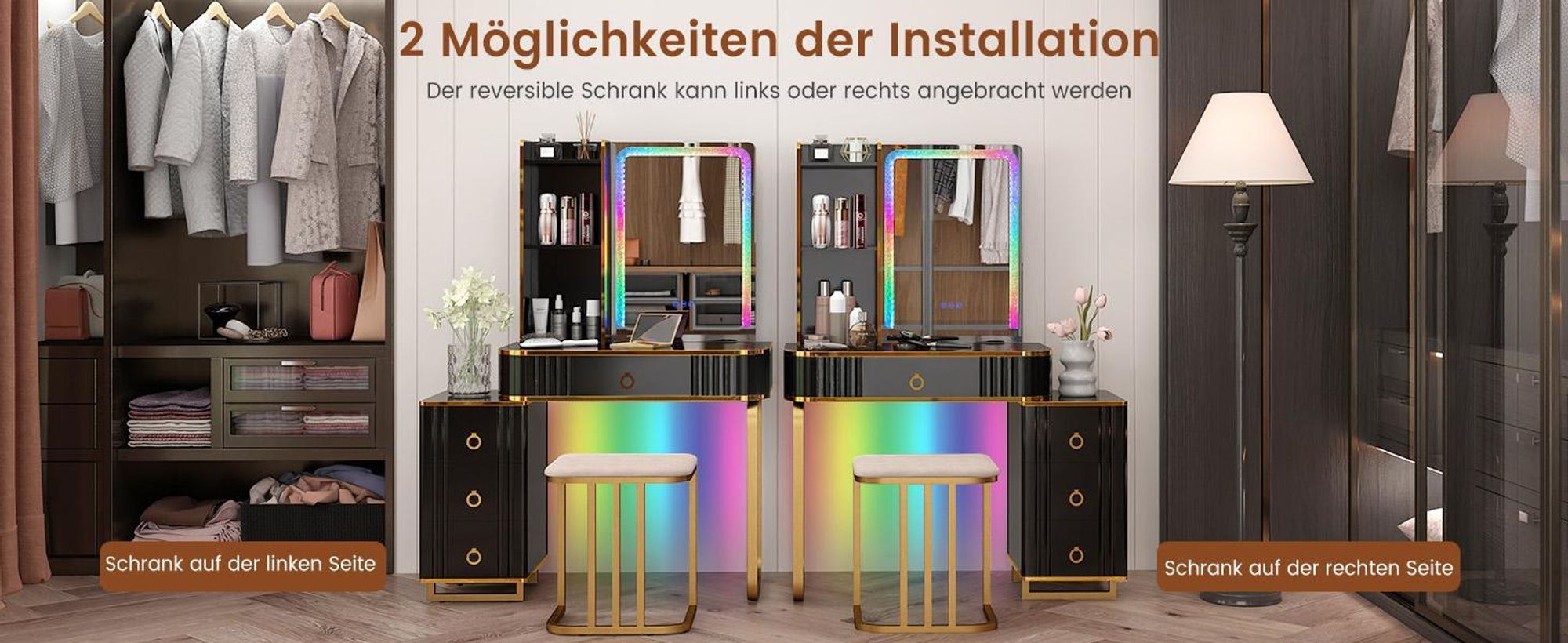 COSTWAY Schminktisch mit LED-Beleuchtung, kabelloser Ladestation, USB-Anschluss & 4 Schubladen, Kosmetiktisch mit Hocker, Weiß