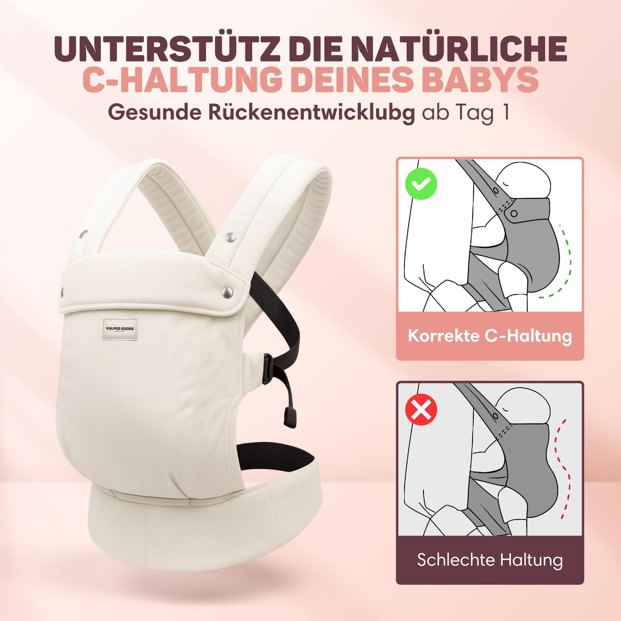 Vulpes Goods Babytrage, Luxus-Bauchtrage bis 20 kg,  Baumwolle, Freihändiger Komfort, Mit Rückenstütze & M-Position
