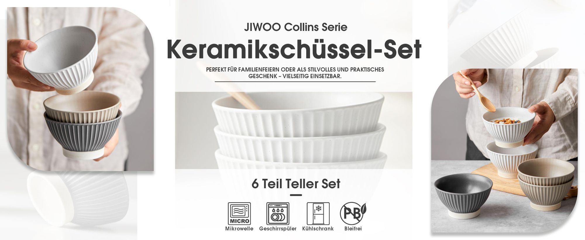 Schalen set 6er Ø12 cm - Keramik Müslischalen, Eisschalen & Dessertschalen, Frühstücksschalen, Matt-Glasur, Mikrowellen- und Spülmaschinenfest, Weiß