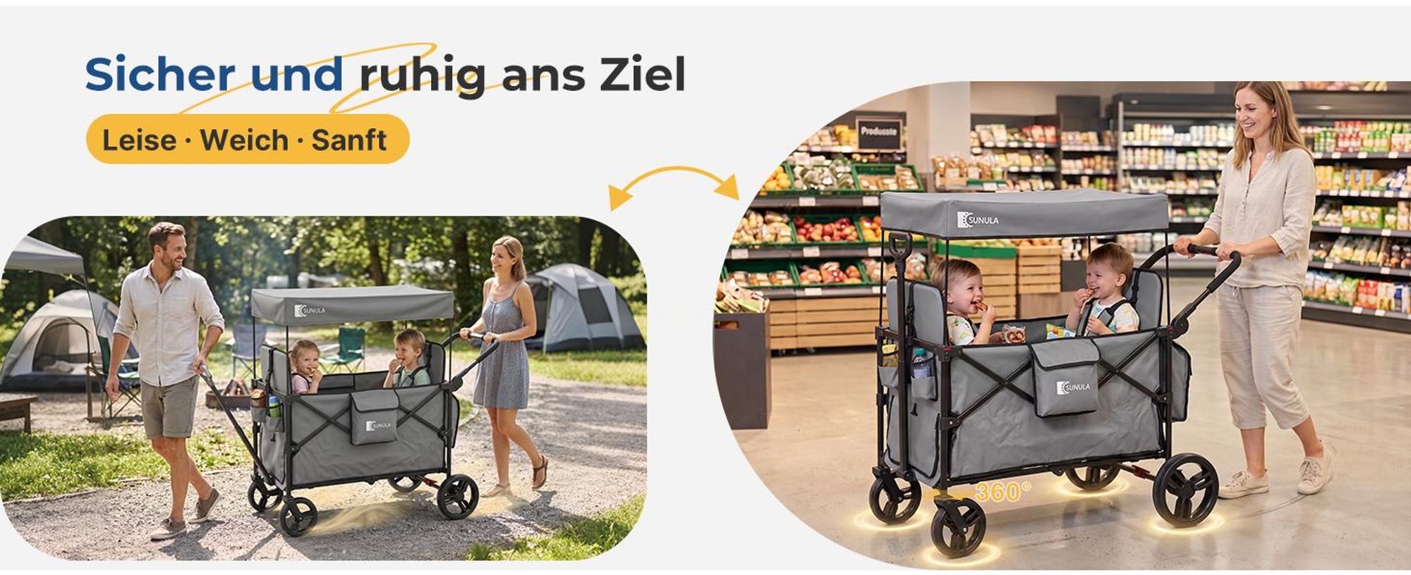 Sekey Faltbar Bollerwagen mit Dach, für 1 bis 2 Kinder, Schiebe- und Zieh Funktion, mit XXL-Rädern (25/20 cm) und 5-Punkt-Gurtsystem, Grau