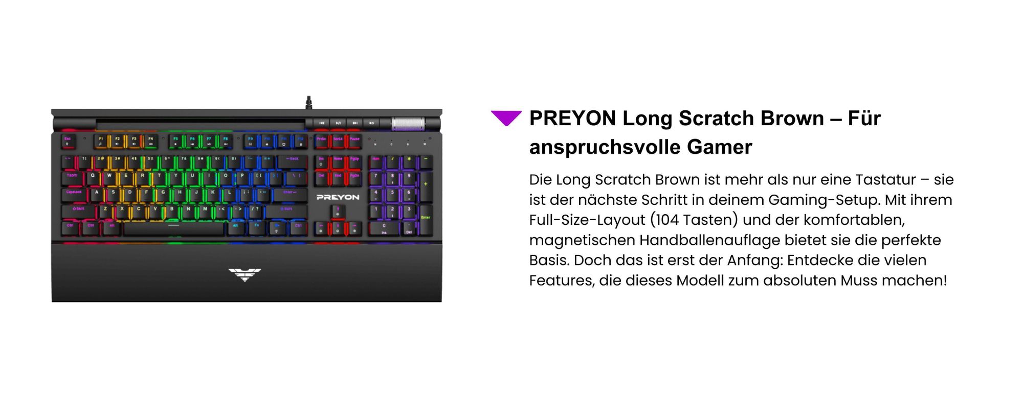 PREYON Long Scratch Brown Gaming-Tastatur, Handballenauflage, Outemu Brown Schalter, Aluminiumgehäuse, RGB-Beleuchtung, Antighosting