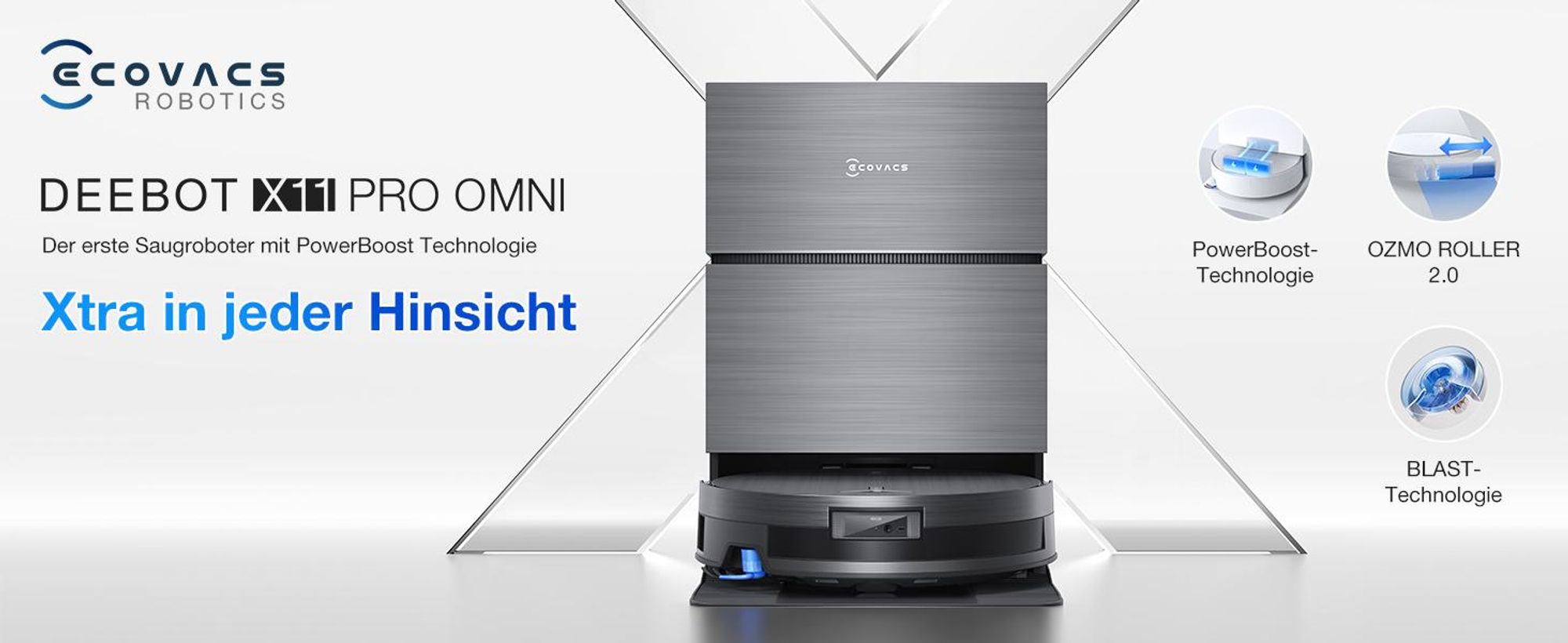 ECOVACS X11 PRO OMNI Staubsauger Roboter mit Wischfunktion, Blast + 19.500 Pa, ultraschnelles Akkuladen, OZMO Roller 2.0, Klettern max. 4 cm Höhe