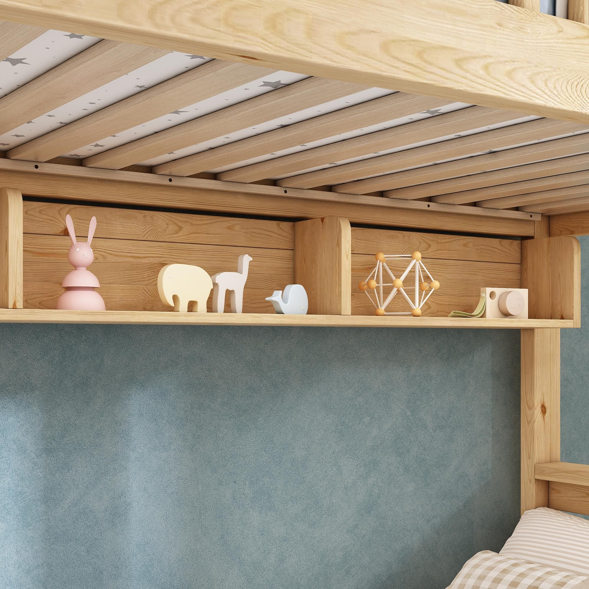 Flieks Etagenbett 90x200cm/140x200cm mit Regal, Kinderbett Hausbett mit Treppe, Hochbett für 2-3 Kinder, Stockbett Holzbett Naturbelassen