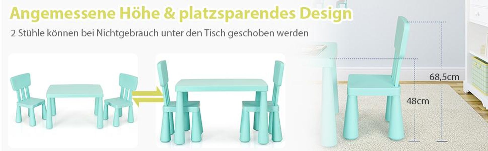 COSTWAY 3 tlg. Kindersitzgruppe, Kindertischgruppe, Kindertisch mit 2 Stühlen, Kindermöbel aus Kunststoff, Kinder-Tischset für Kinderzimmer Grün