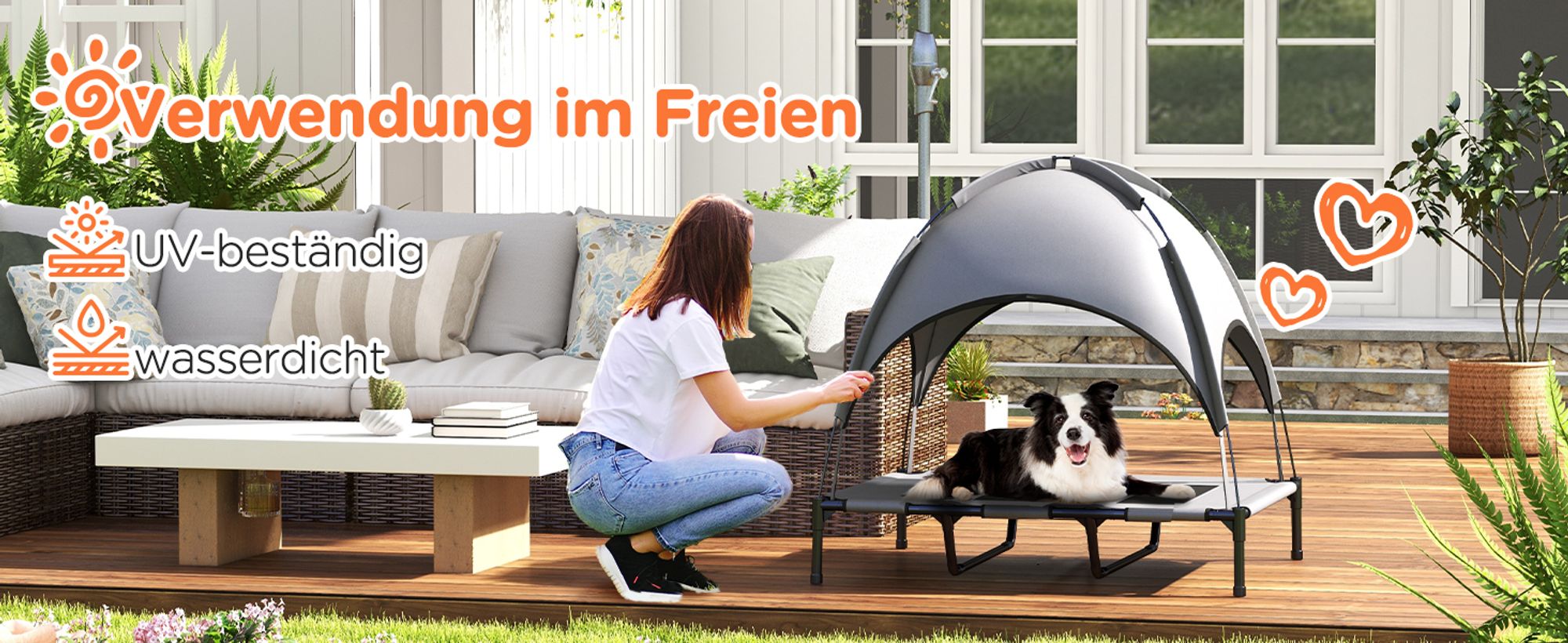 PawHut Erhöhtes Hundebett mit Baldachin, Haustierbett, Hundeliege outdoor mit Dach, Atmungsaktiv, Taftstoff für Camping Grau 122 x 92 x 108 cm