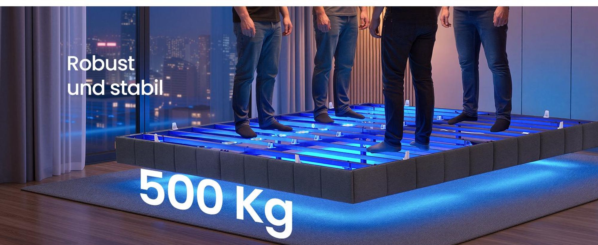 VASAGLE Bettrahmen 180 x 200 cm, mit LED-Beleuchtung, Bettgestell, schwebender Effekt, Steckdosenleiste, grau