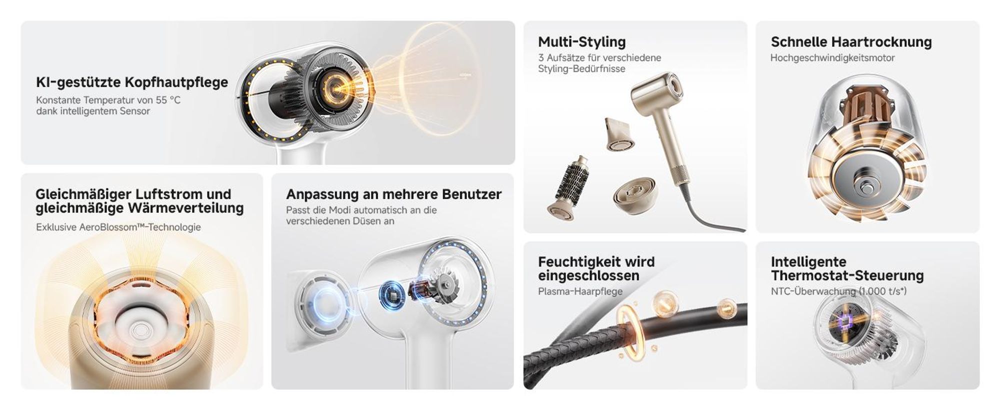 MOVA SHINE 20 Haartrockner Silber – Profi Föhn, KI Thermostat-Technologie, gleichmäßige Wärme, schnelle Trocknung & Multi-Styling