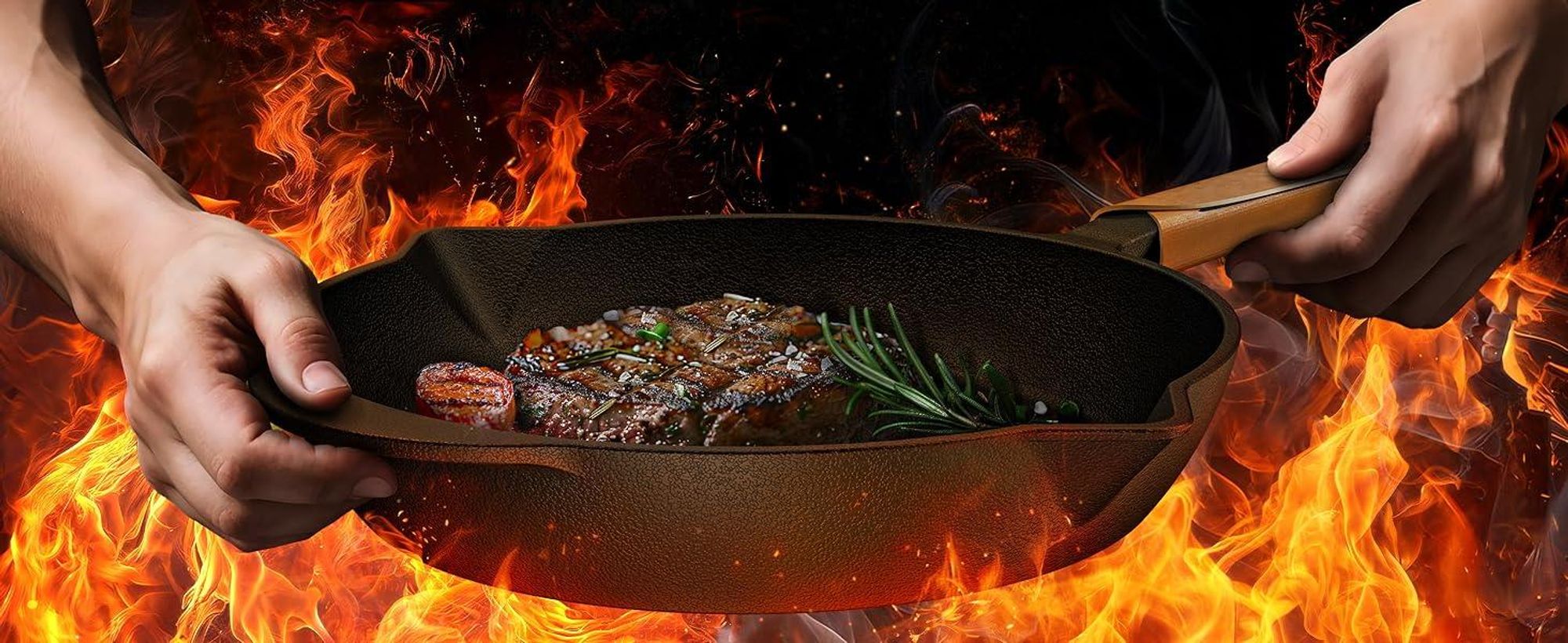 Gusseisenpfanne über offenem Feuer – ideal fürs Outdoor-Cooking & Camping-Gerichte.