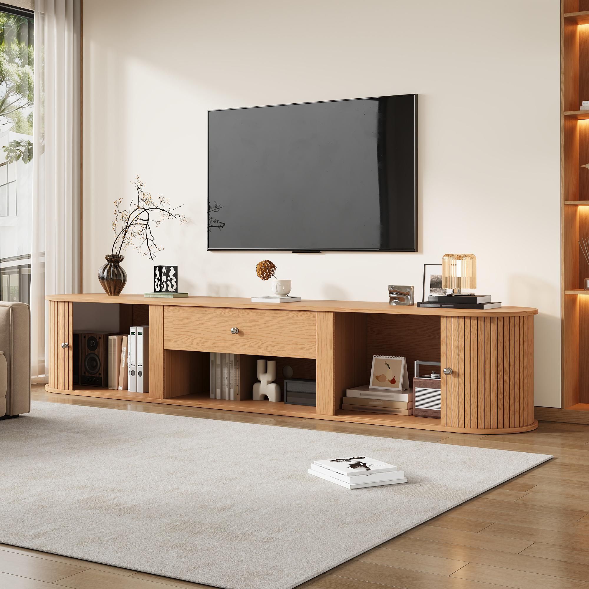 Merax TV Lowboard Fernsehtisch mit 2 Rolltüren und 1 Schublade, 180cm TV-Schrank mit Runddesign, TV Board für 75 Zoll Fernseher, Natur Optik