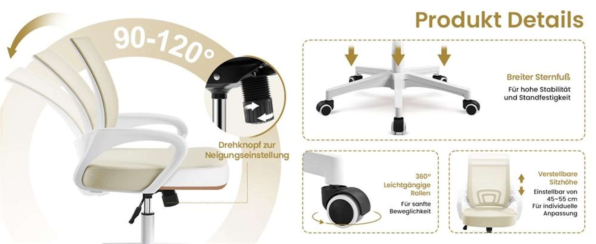 Yaheetech Bürostuhl Schreibtischstuhl ergonomischer Drehstuhl Chefsessel mit Mesh Netz Wippfunktion Beige