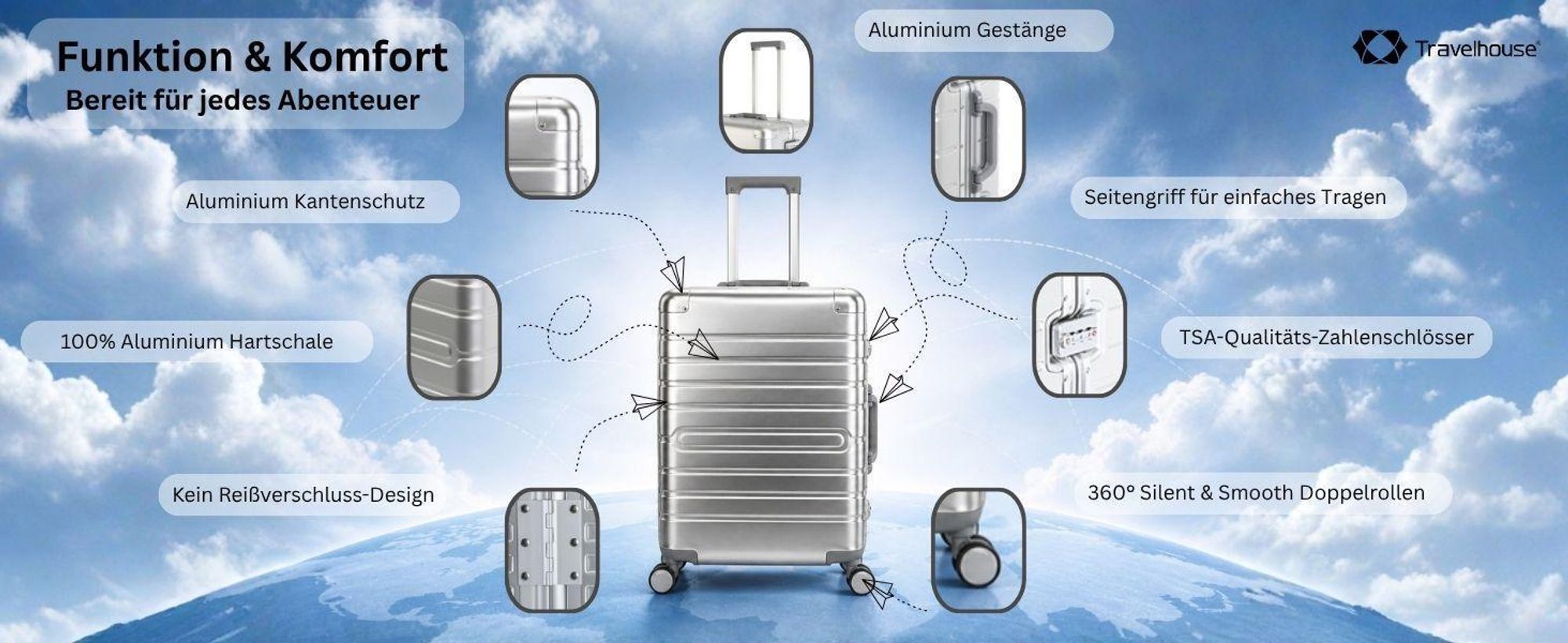 Hochwertiger Aluminium Reisekoffer Silber mit TSA Schloss und Doppelrollen