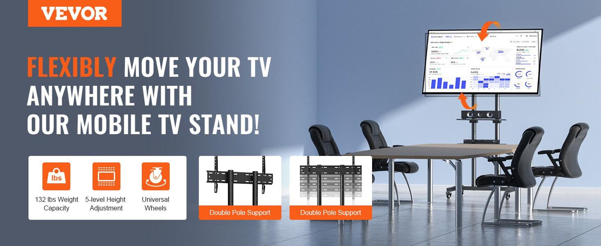 VEVOR Mobiler TV-Ständer, Mobiler TV-Wagen für 32 bis 70 Zoll Fernseher, Höhenverstellbarer Tragbarer TV-Ständer mit Rädern, Doppelschale für audiovisuelle Geräte, Rollender TV-Ständer mit Halterung für Schlafzimmer, Wohnzimmer, 81,3-177,8 cm, Rollend