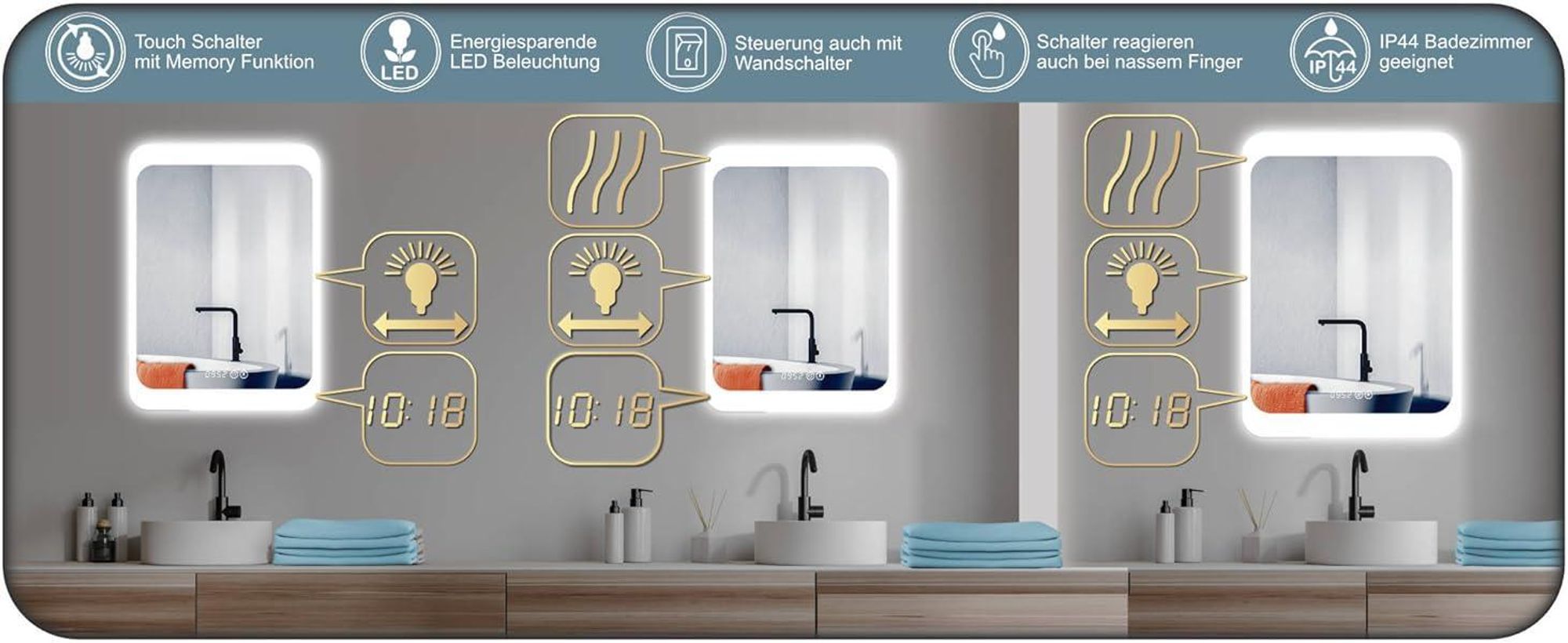 HOKO LED Wandspiegel 50x70 cm – Moderne Badspiegel mit Beleuchtung & Digitaluhr