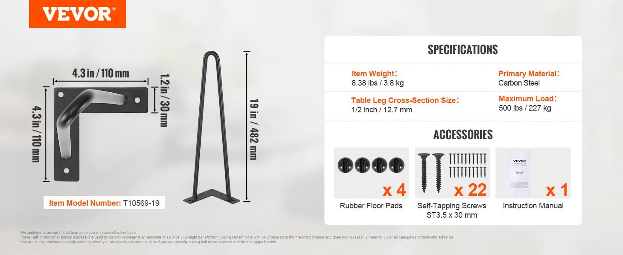 VEVOR 4er-Set Tischbeine Haarnadelbein 482mm hoch 110x110mm Montageplatte Kohlenstoffstahl Pulverbeschichtet Hairpinlegs 227kg Tragfähigkeit Ideal für Küchentische Wohnzimmerkonsolen Studio-Tische
