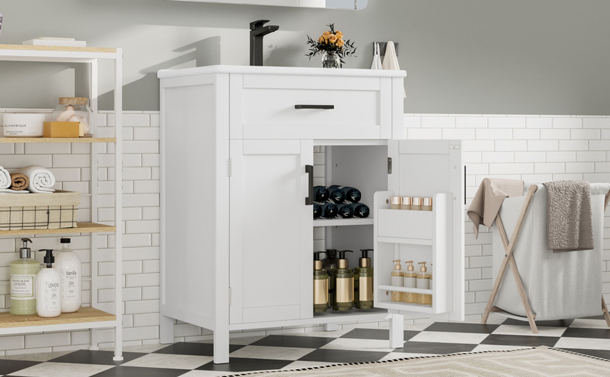 Flieks Badezimmerschrank mit Waschbecken aus Keramik, Waschbeckenunterschrank mit viel Stauraum, Badmöbel 60x46x84.8 cm, weiß