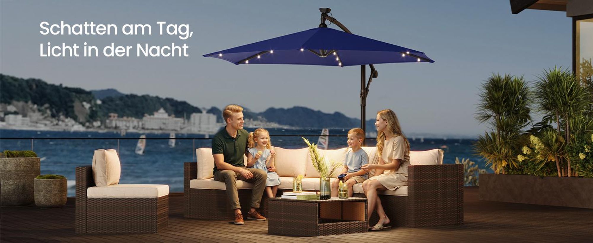 SONGMICS Sonnenschirm Ø 300 cm mit LED-Solar-Beleuchtung UPF 50+