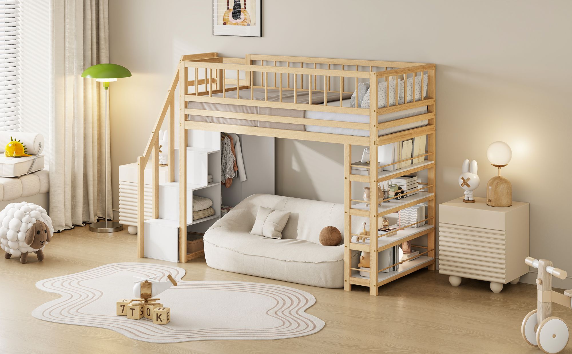 okwish Hochbett 90x200cm mit Rausfallschutz, Etagenbett Stockbett mit Stauraumleiter, Massivholzbett Kinderbett mit Kleiderschrank und Regale Stauraum, Bettgestell mit Lattenrost, Natur