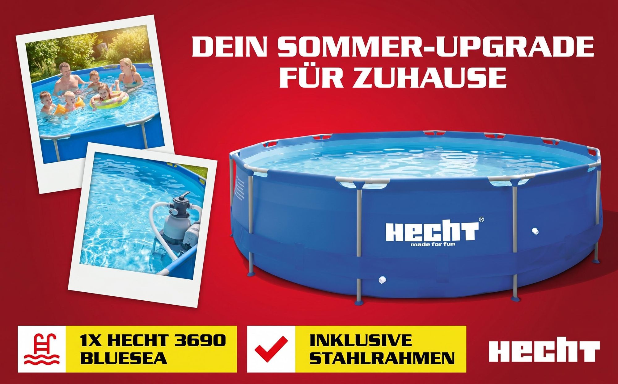 HECHT 3690 Metall Frame Pool Gartenpool | 360 x 76 cm | 6125 Liter | 2 x 32 mm Ø-Pumpenanschluss