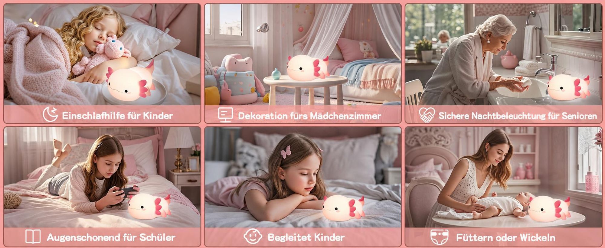 LED Axolotl Nachtlicht,Verstellbares Silikon -Nachtlicht,USB -Ladebett -Nachttischlampen,Berührungssteuerung,Geschenk mit Timer,Babyzimmerdekor,Rosa
