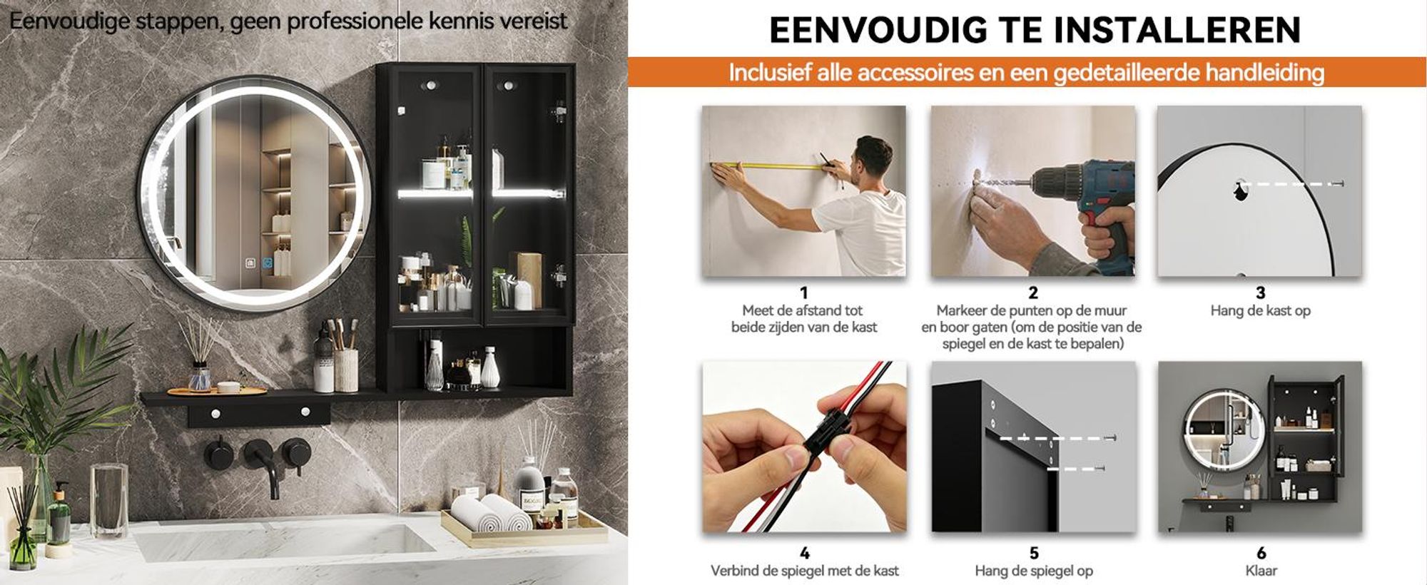Puluomis Spiegelkast met LED-badspiegel, voorzien van een kast en open vakken, 3 lichtkleuren & dimbaar, anti-condens, bediening via touchpaneel, wandkast, zwart
