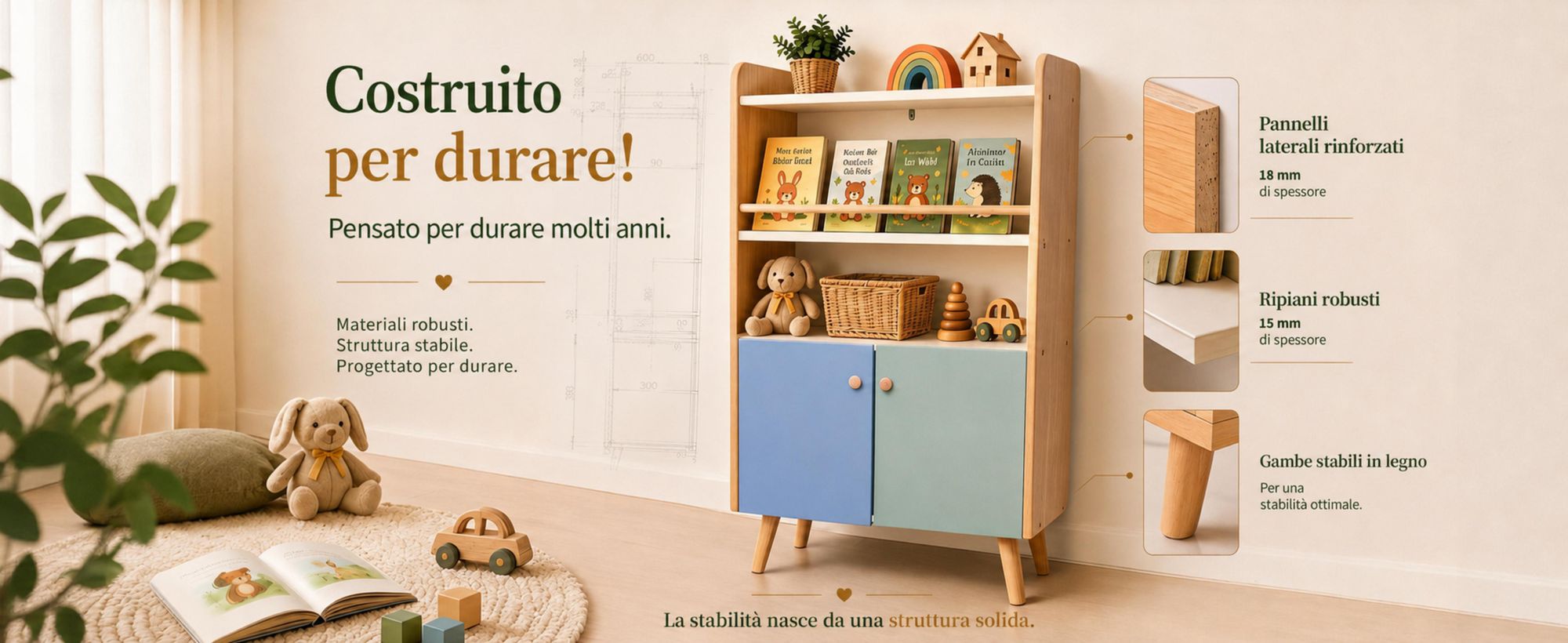 ALVIX, libreria per bambini NESTA 4 con 2 ante, libreria Montessori per bambini con ripiani per libri, scaffale per giocattoli e armadietto contenitore, dotata di sistema di sicurezza anticaduta