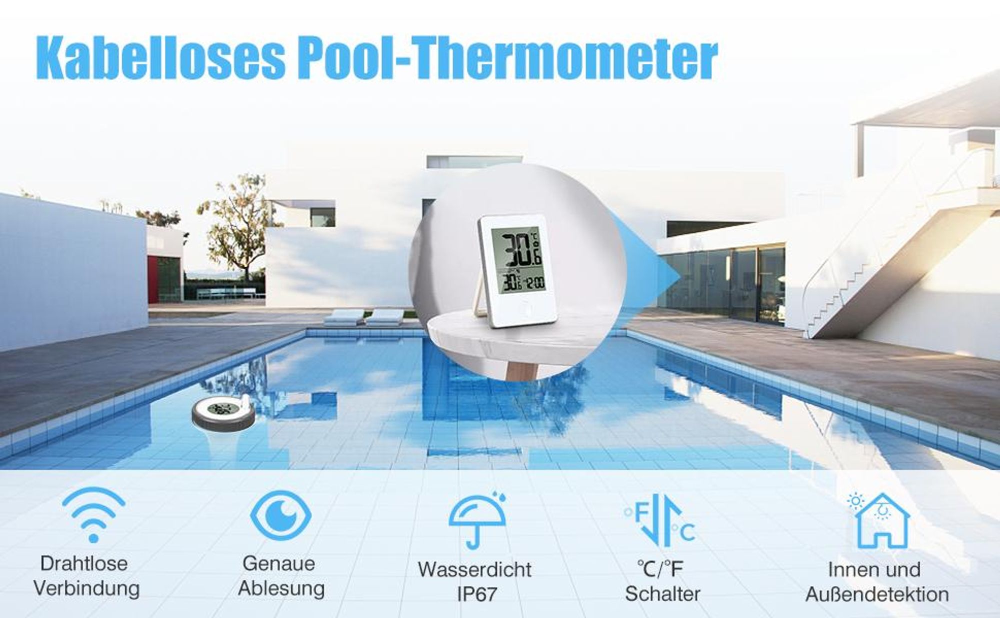 Poolthermometer, Schwimmendes Pool Thermometer, schwimmende, Funk-Empfänger, LCD, IP67 wasserdicht, mit Indoor-Temperatur Luftfeuchtigkeit Monitor