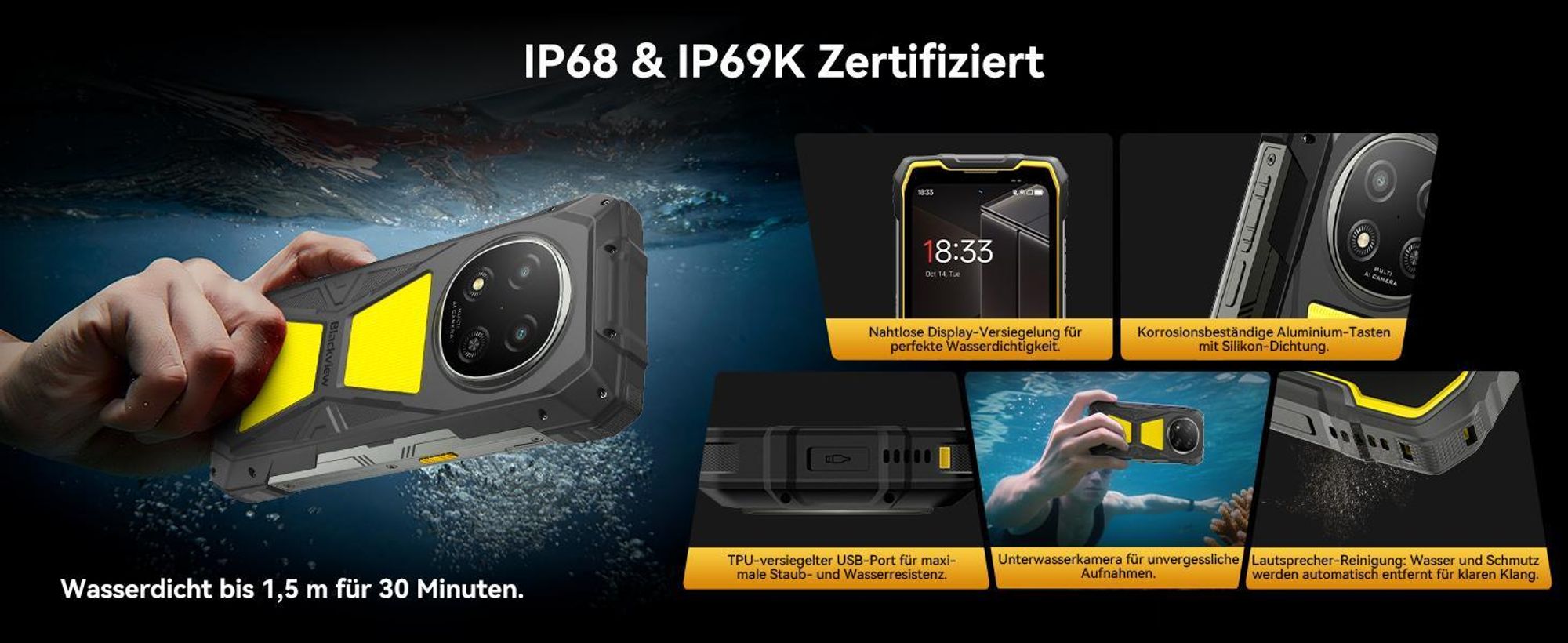 Blackview ROCK 2 Pro incl W60 smartwatch,6,67" 5G Outdoor-Smartphone mit 15000 mAh Akku, IP69K/IP68 und 400 lm Campinglampe, Robust